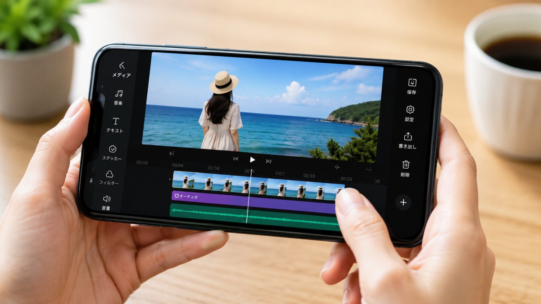 スマホでVLLOの無料版を使い、旅行動画にカット編集やBGMを加えているイメージ