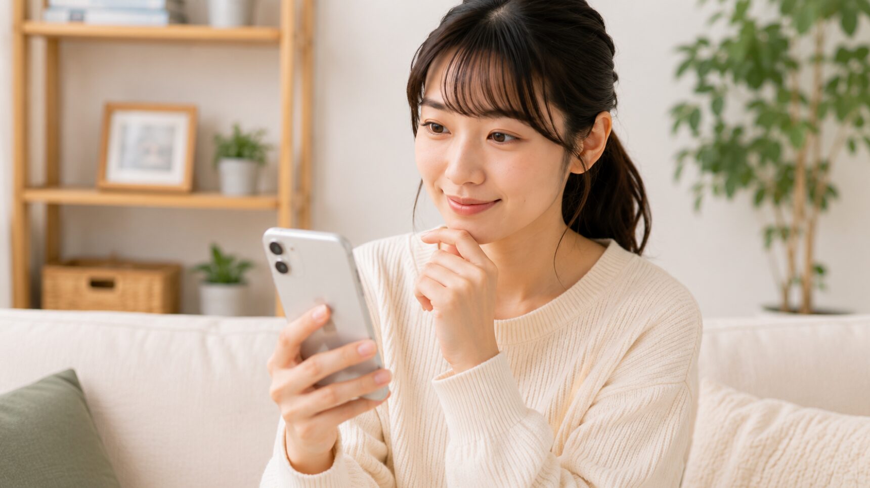 スマホを見ながらVLLOの無料版と有料版の違いを比較して検討する日本人女性