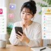 VLLOの無料版と有料版の違いをスマホで比較し、編集機能や4K出力を確認する日本人女性のイメージ