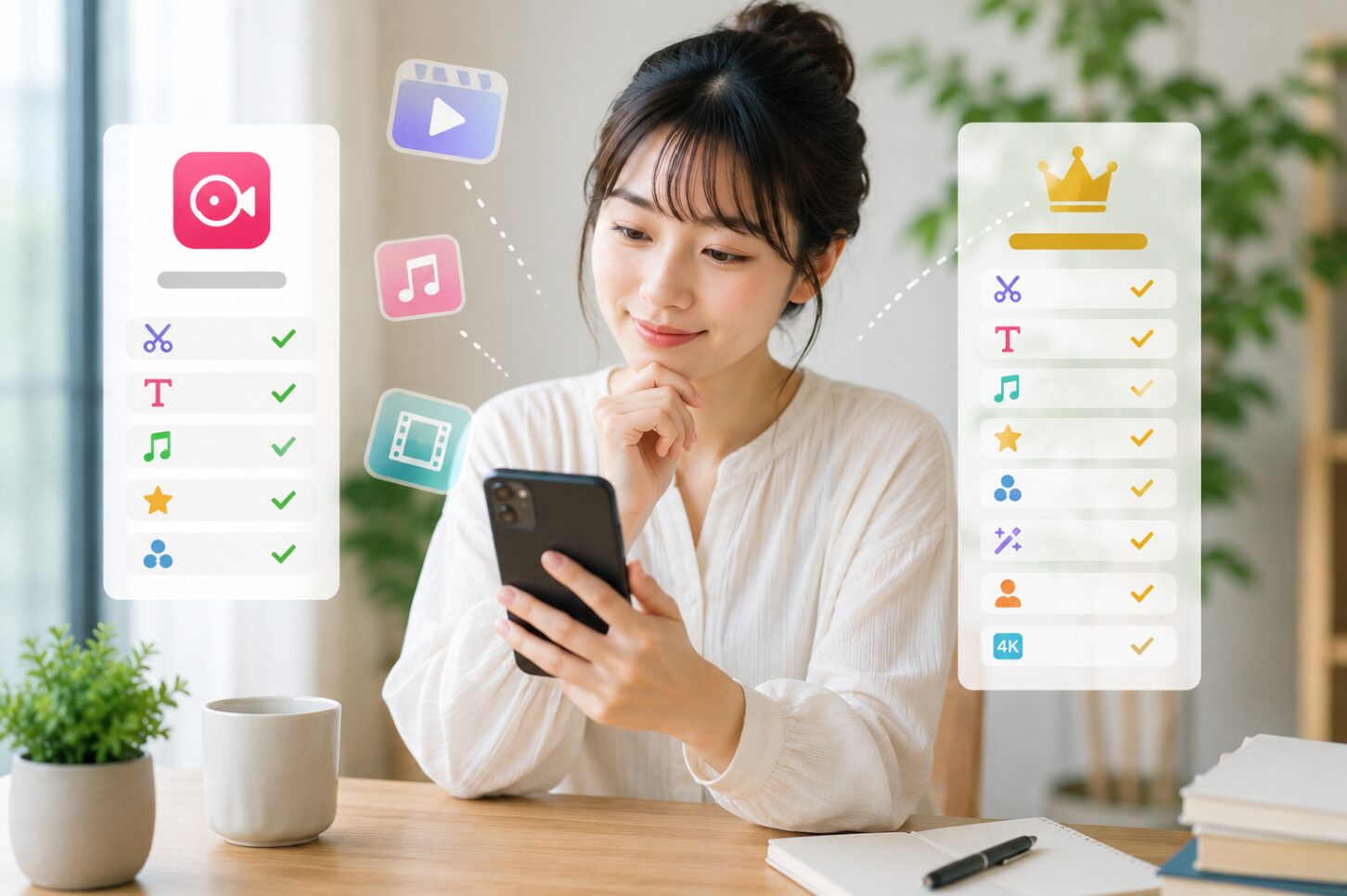 VLLOの無料版と有料版の違いをスマホで比較し、編集機能や4K出力を確認する日本人女性のイメージ