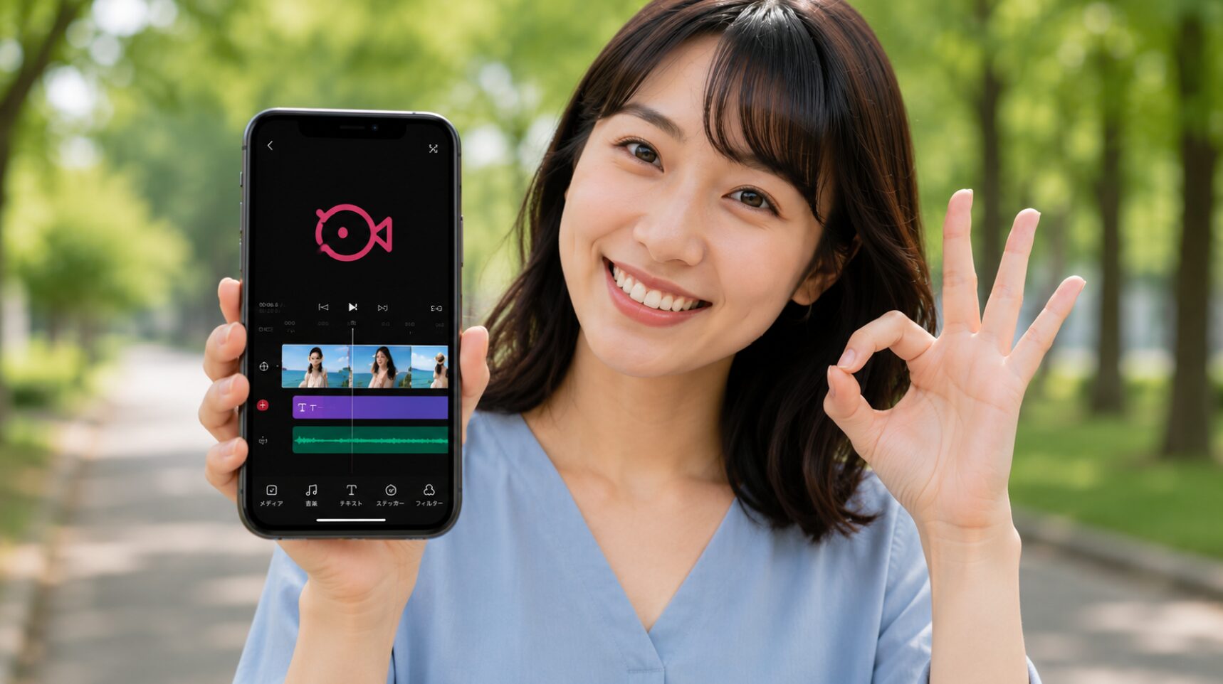 VLLOの有料版で使える編集機能や快適なスマホ動画編集をイメージした日本人女性