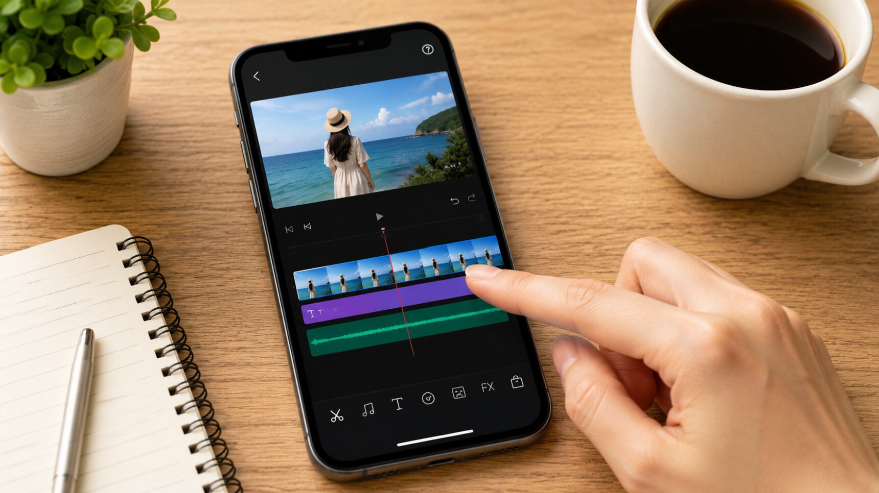 スマホの動画編集画面で画質や書き出し設定を確認しながら編集しているイメージ