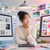 Adobe ExpressとCanvaのデザインテンプレートを2台のモニターで比較する日本人女性