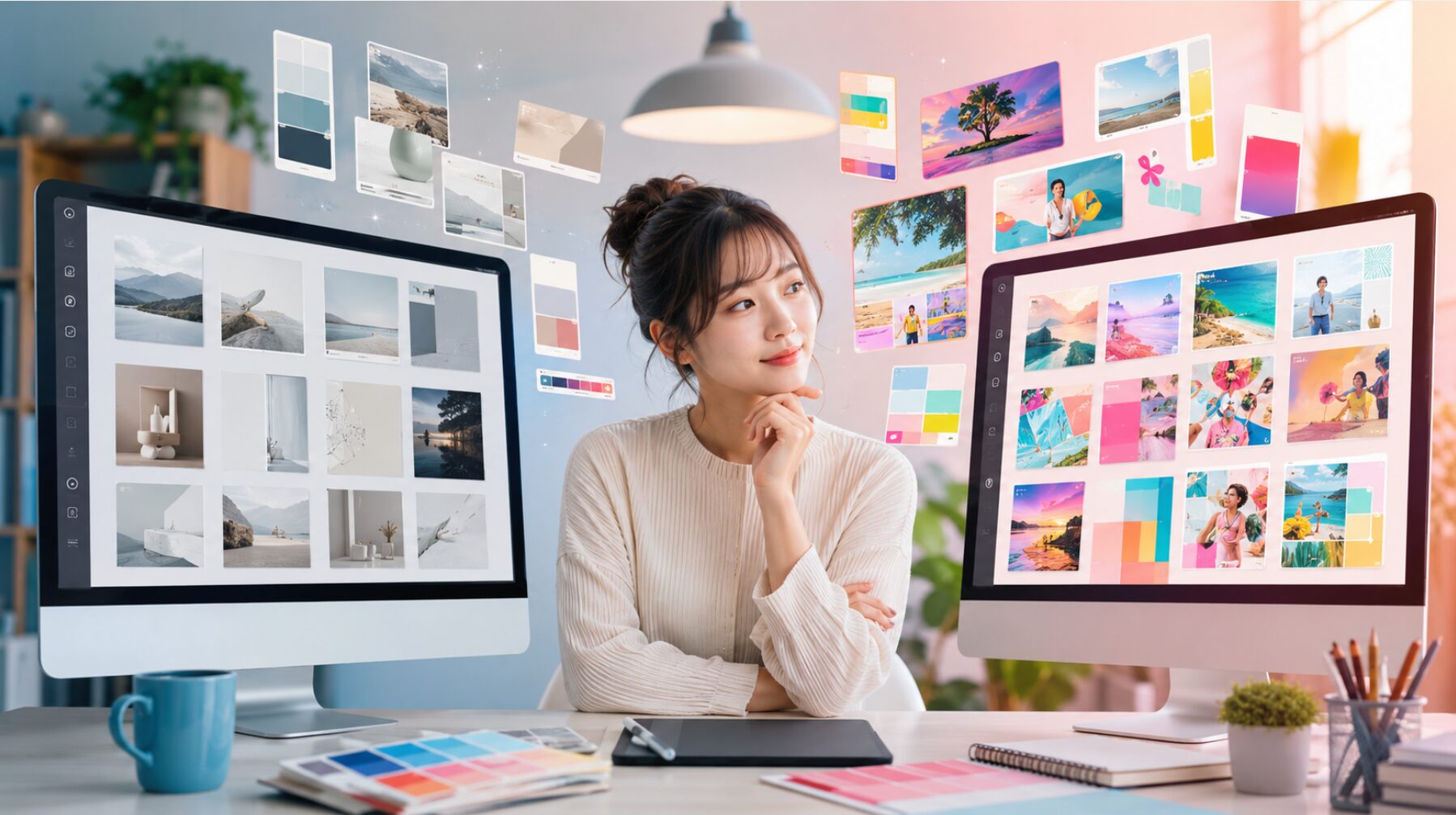 Adobe ExpressとCanvaのデザインテンプレートを2台のモニターで比較する日本人女性