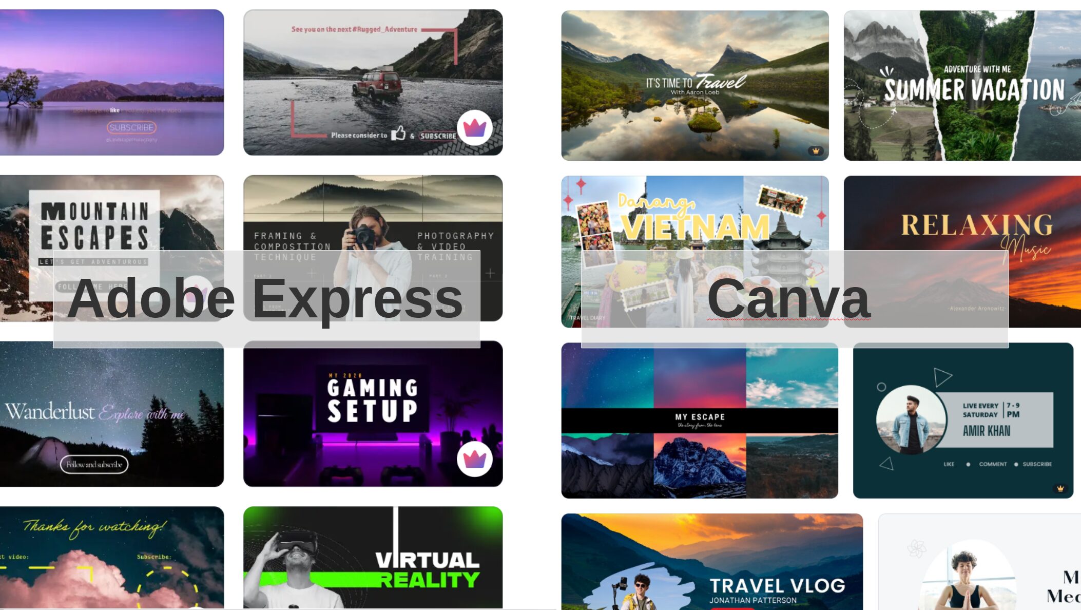 Adobe ExpressとCanvaの旅行・動画・SNS向けテンプレート一覧を比較した画面
