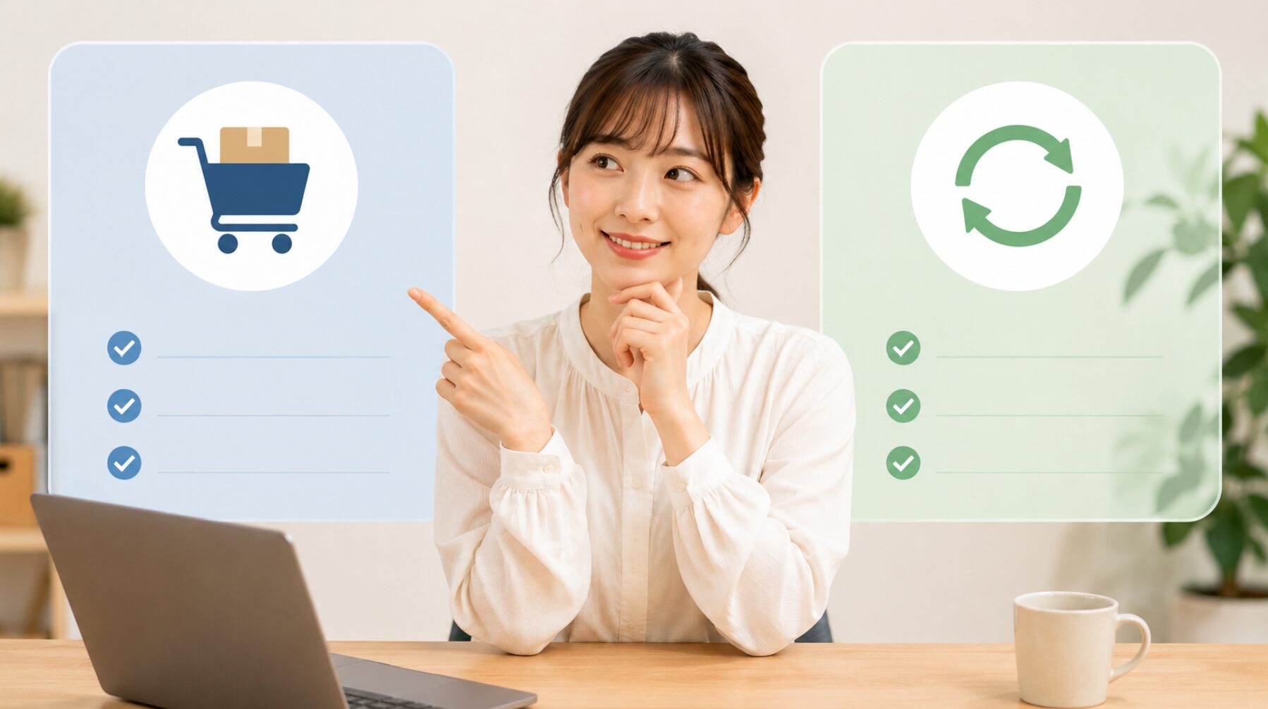 買い切り素材とサブスクリプション型素材の違いを比較しながら、自分に合う使い方を考える日本人女性のイメージ