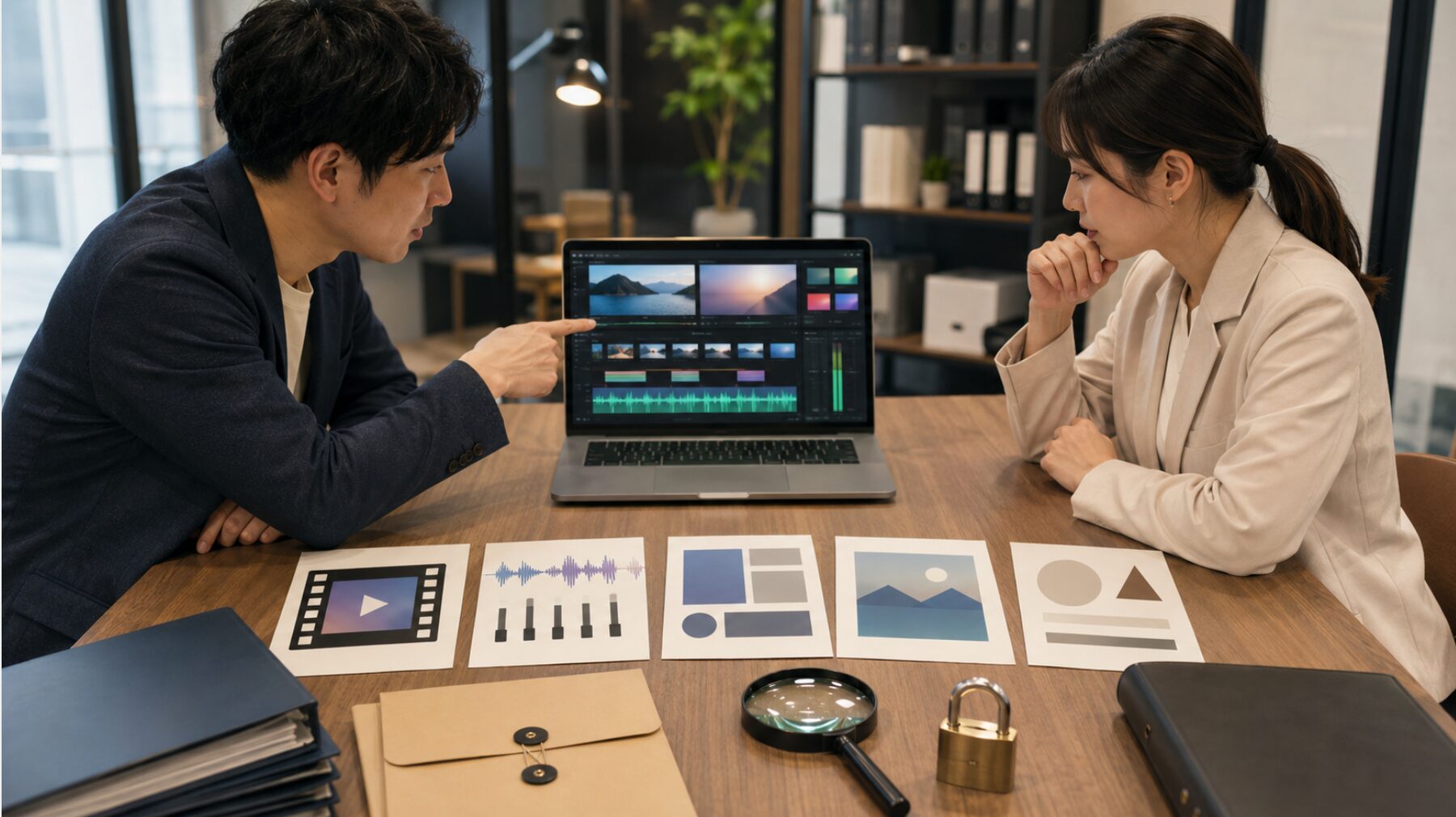 動画、音楽、画像、テンプレートなどの利用条件を確認する日本人の制作担当者