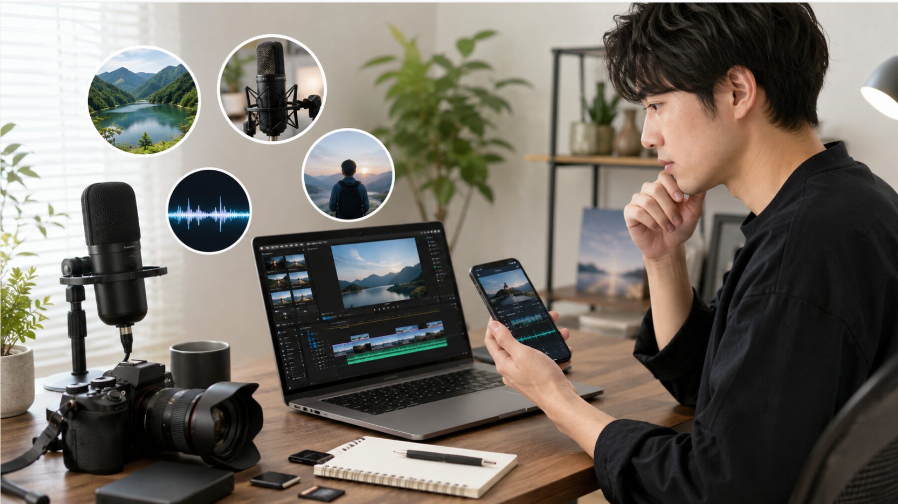 自分で撮影した映像や録音した音声を使い、パソコンとスマートフォンで商用動画を編集する日本人クリエイター