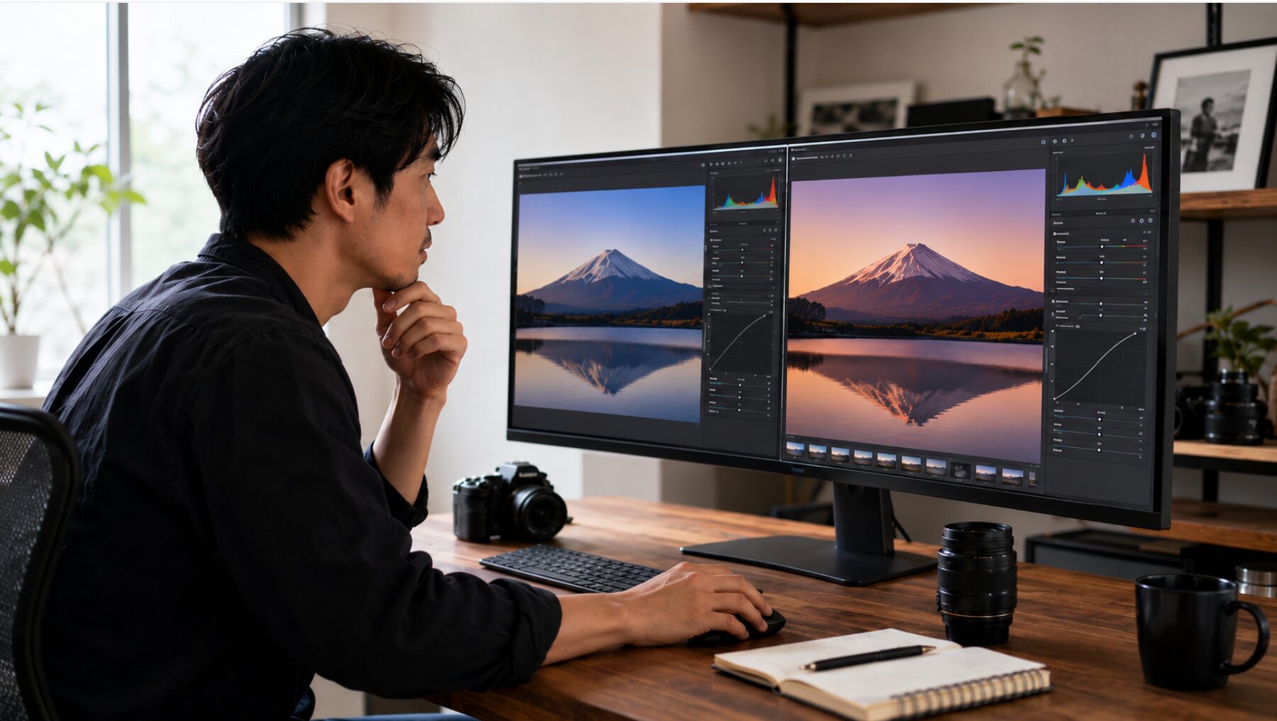 同じ富士山のRAW写真を異なる色合いで現像し、2つの写真編集環境を比較する日本人フォトグラファー