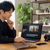Clipchampで商品紹介用の商用動画を編集する日本人男性