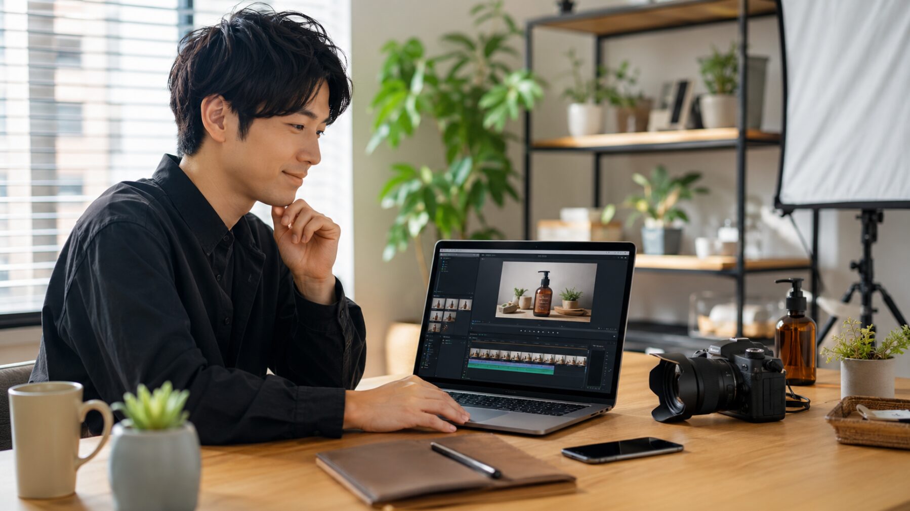 Clipchampで商品紹介用の商用動画を編集する日本人男性