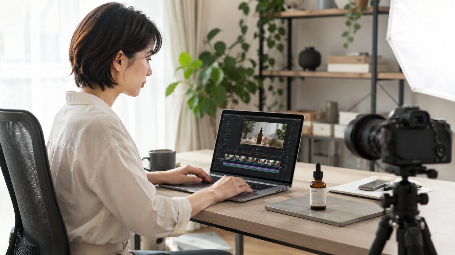 自分で撮影した商品映像をノートパソコンで編集する日本人女性