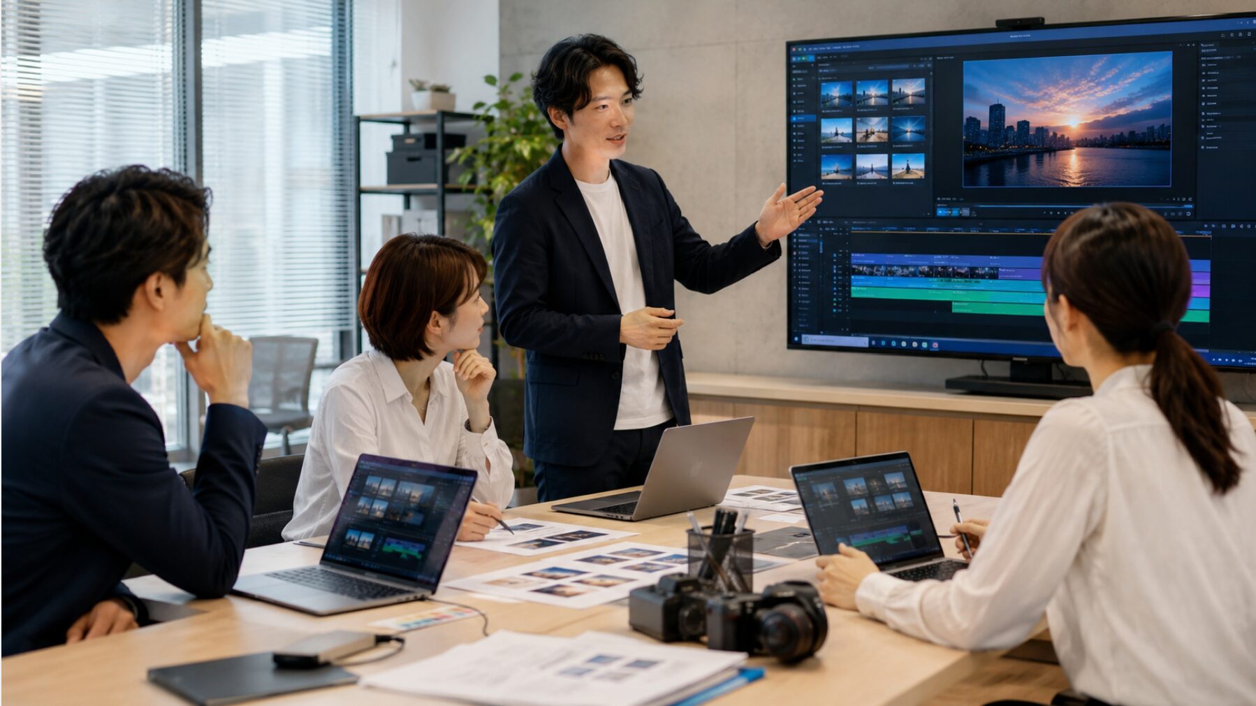 企業動画の編集内容と素材管理を会議で確認する日本人チーム