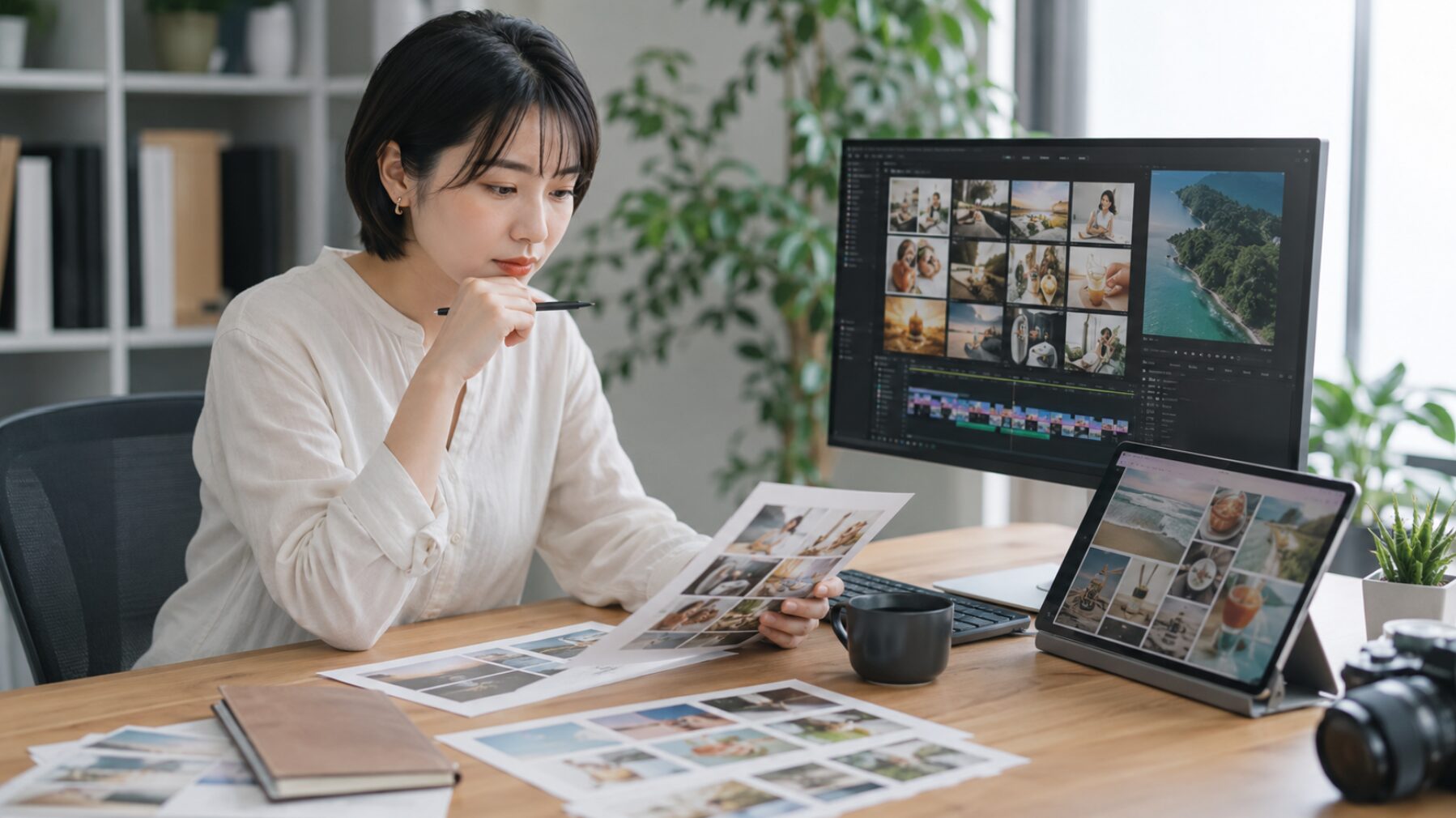 Clipchampで使用する動画や画像素材の商用利用条件を確認する日本人女性