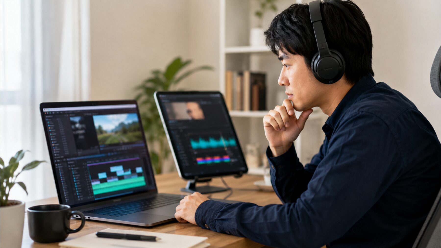 Clipchamp動画の音楽と効果音の著作権を確認する日本人男性