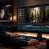DaVinci Resolve風の編集画面で森林映像をカラー調整しながら編集する日本人クリエイター。無料で使える本格動画編集ソフトのイメージ。