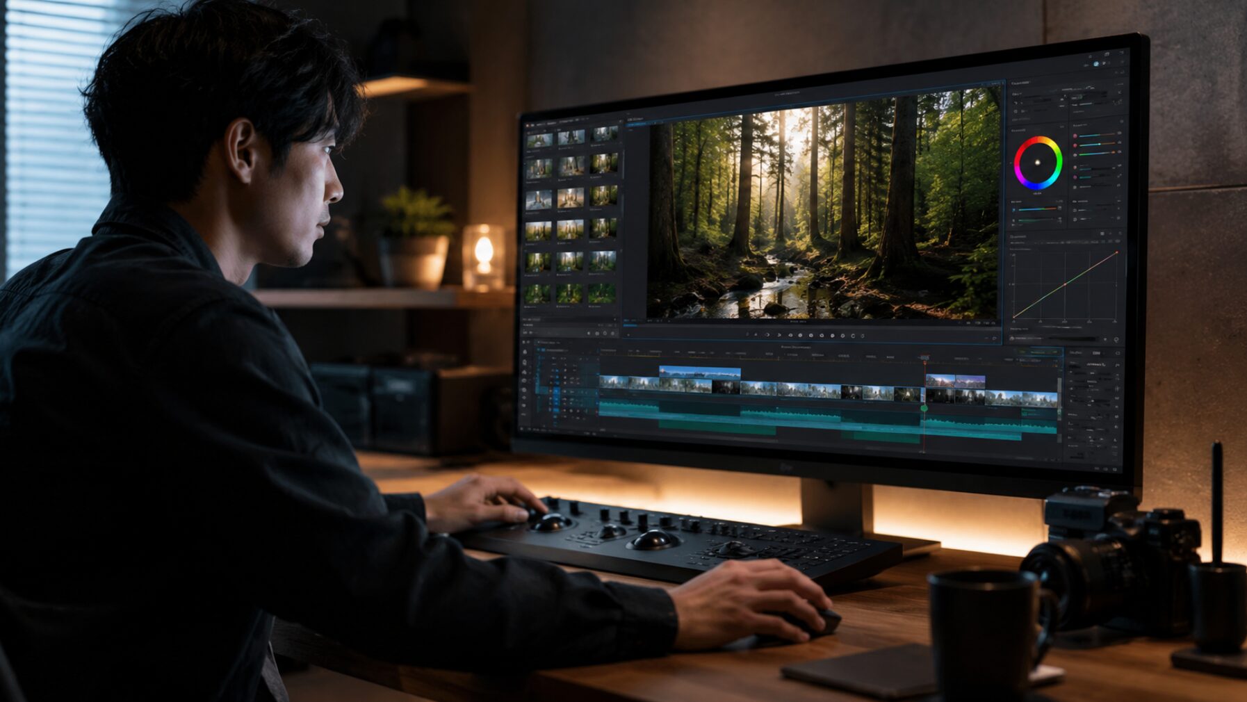 DaVinci Resolve風の編集画面で森林映像をカラー調整しながら編集する日本人クリエイター。無料で使える本格動画編集ソフトのイメージ。