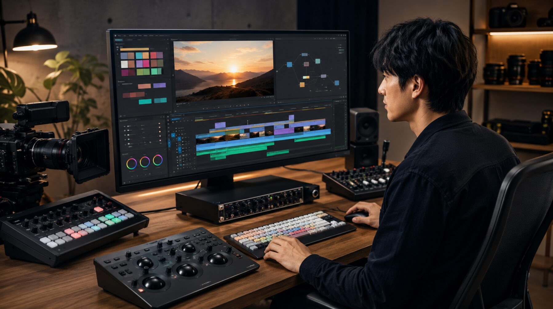 プロ向けカメラや編集コントローラーに囲まれ、動画編集ソフトを操作する日本人クリエイター。DaVinci Resolve無料版と映像制作機材の連携を表現したイメージ。