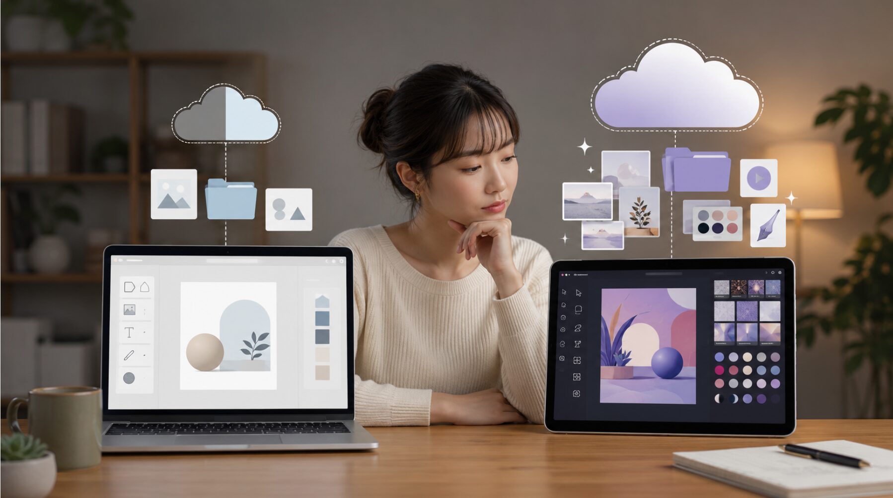 デザインツールの無料版と有料版で利用できる素材やクラウド容量を比較する日本人女性