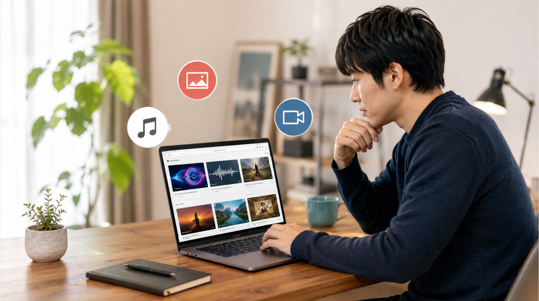 外部の素材サイトで動画・画像・音楽素材を探し、Filmoraで使う素材の買い切り代案を検討する日本人男性