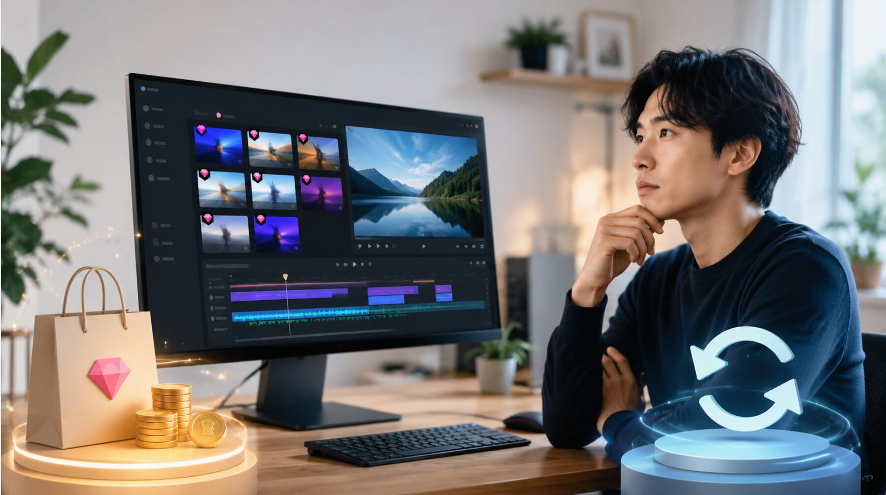 Filmoraの有料クリエイティブアセットと買い切り・サブスクリプションの違いを検討する動画編集者のイメージ