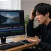 Filmora無料版で動画を書き出した後、画面上の大きなロゴ表示に困る日本人男性のイメージ