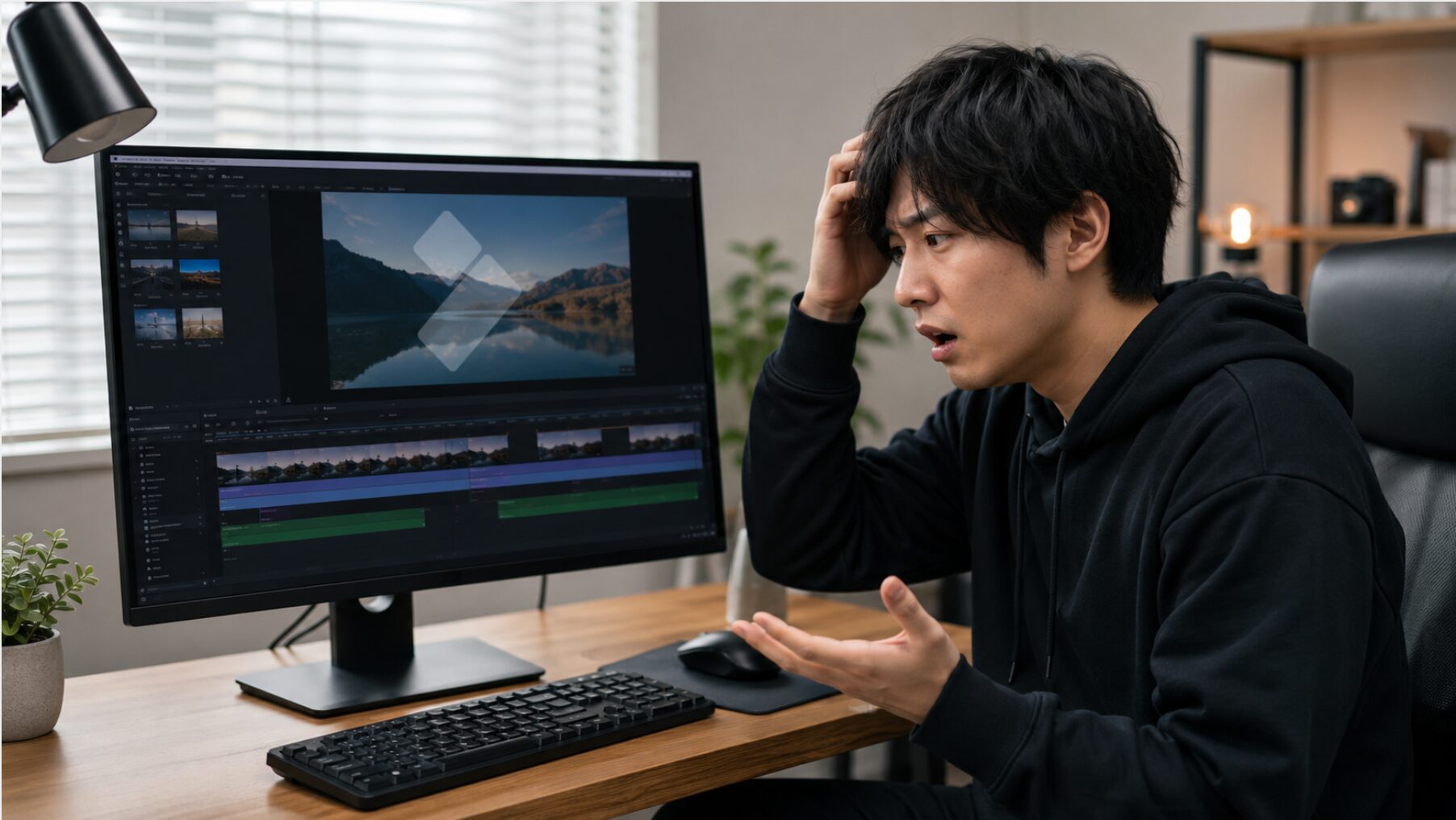 Filmora無料版で動画を書き出した後、画面上の大きなロゴ表示に困る日本人男性のイメージ