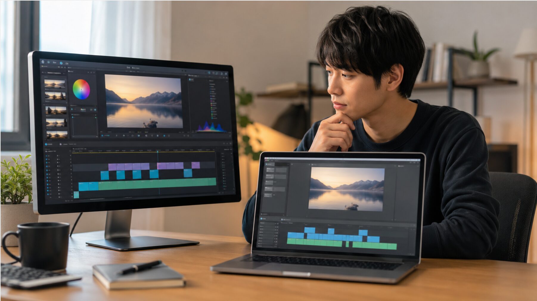 Filmoraの有料版を使うか無料の代替動画編集ソフトを選ぶか比較検討する日本人男性のイメージ