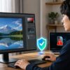 GIMPで写真を編集する日本人男性と安全性を示す盾、不審なファイルの警告