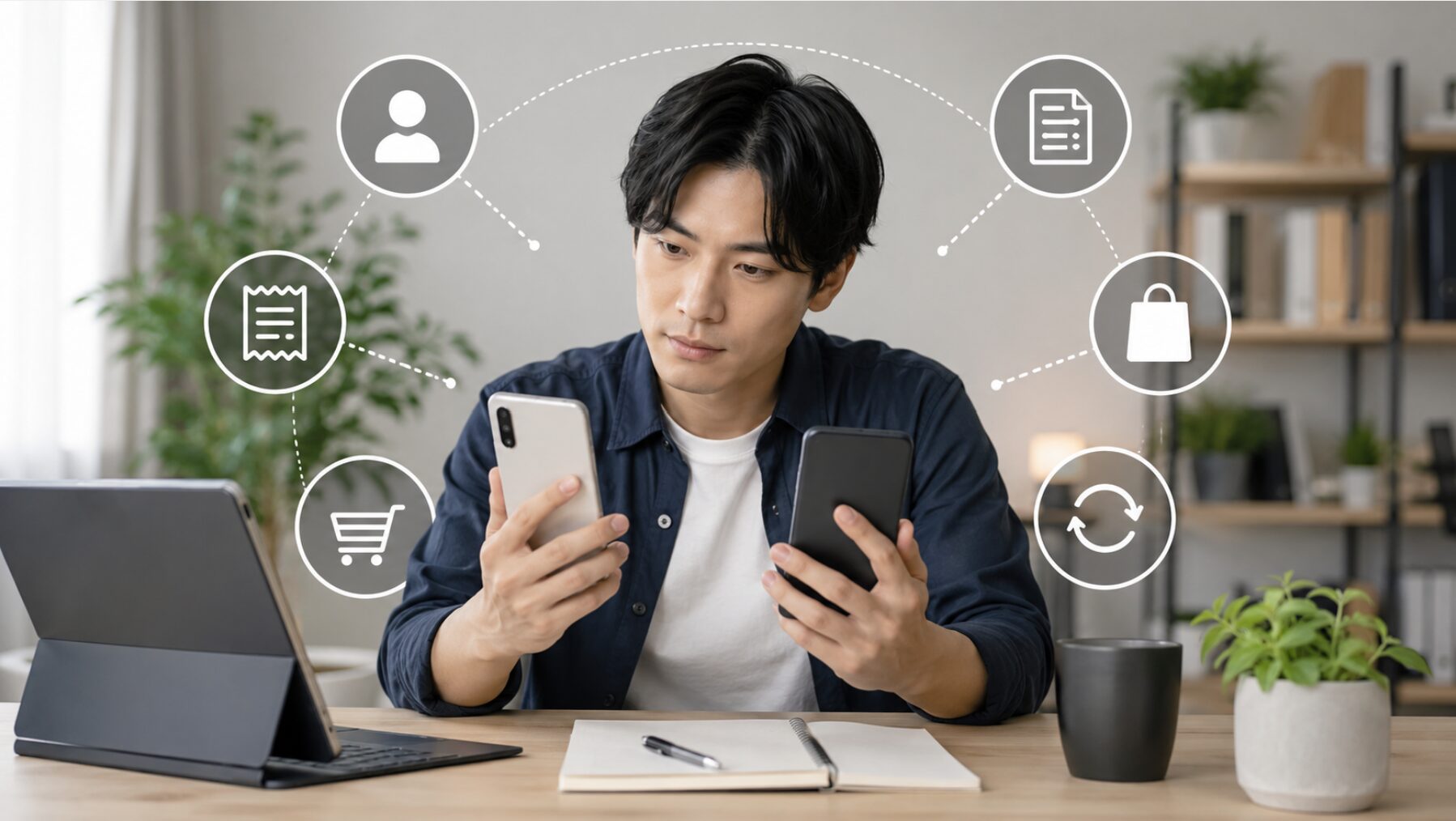 複数のスマートフォンでInShotの購入履歴とストアアカウントを確認する男性
