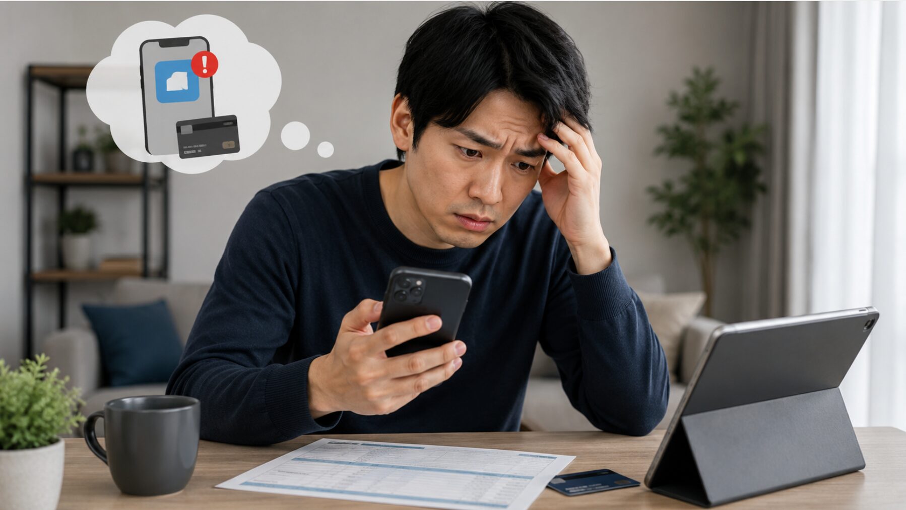 InShotの身に覚えのない請求をスマートフォンと利用明細で確認する日本人男性