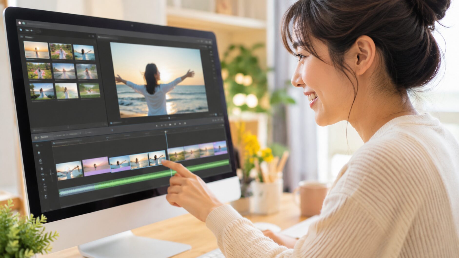 分かりやすい動画編集画面でタイムラインを操作する日本人女性