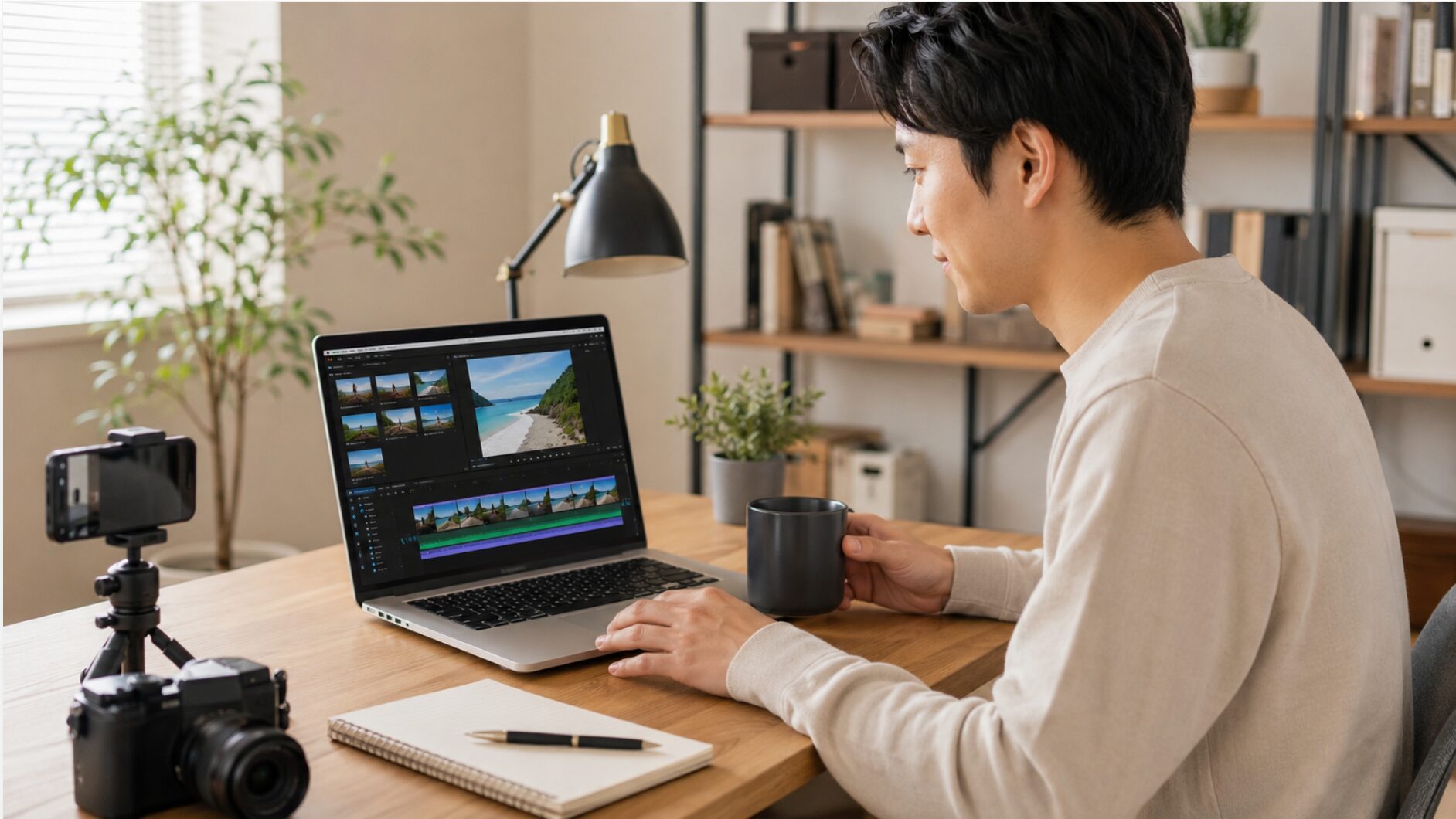 Movavi Video Editorのような初心者向けソフトで旅行動画を編集する日本人男性