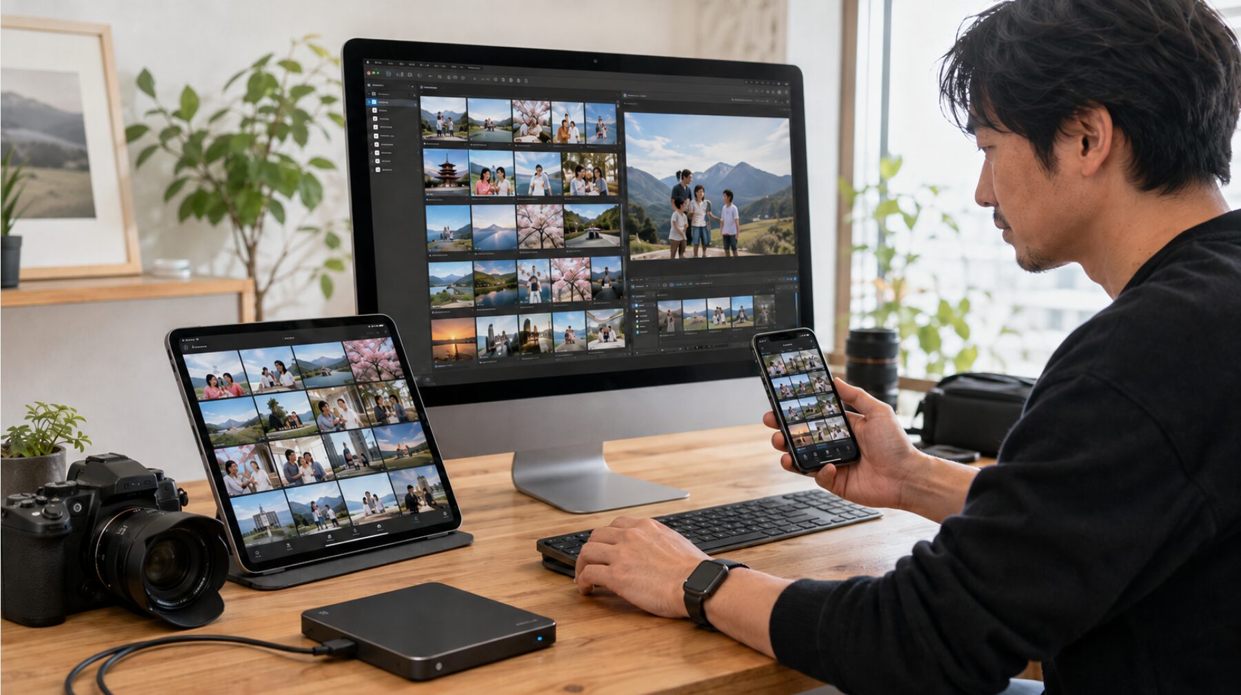 パソコン、タブレット、スマートフォンで旅行写真や家族写真を整理する日本人フォトグラファー