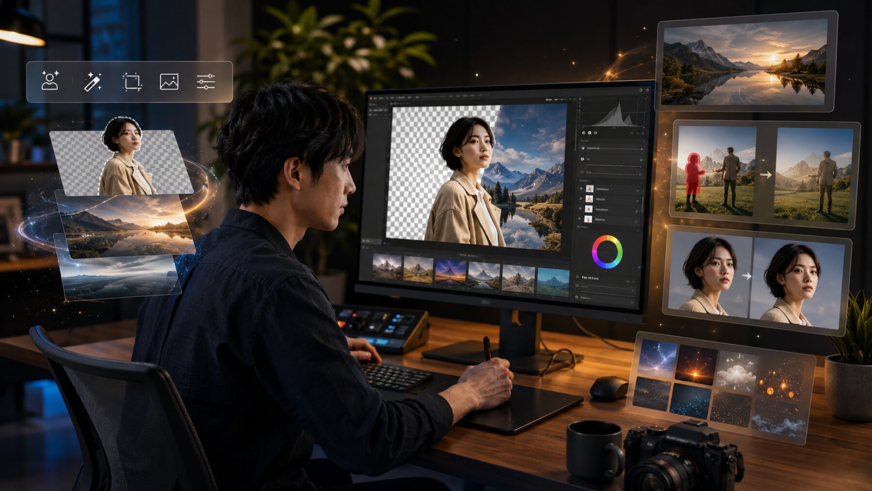 PhotoDirector 365を想定した背景除去や不要物削除などのAI写真編集を行う日本人男性