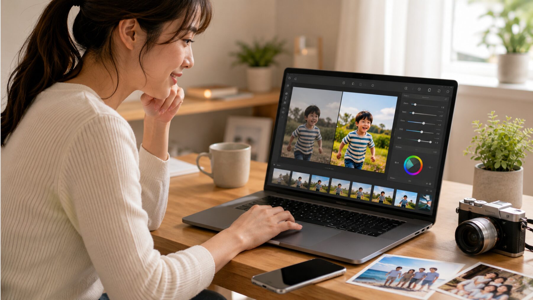 PhotoDirector無料版を想定した基本機能で家族写真を補正する日本人女性