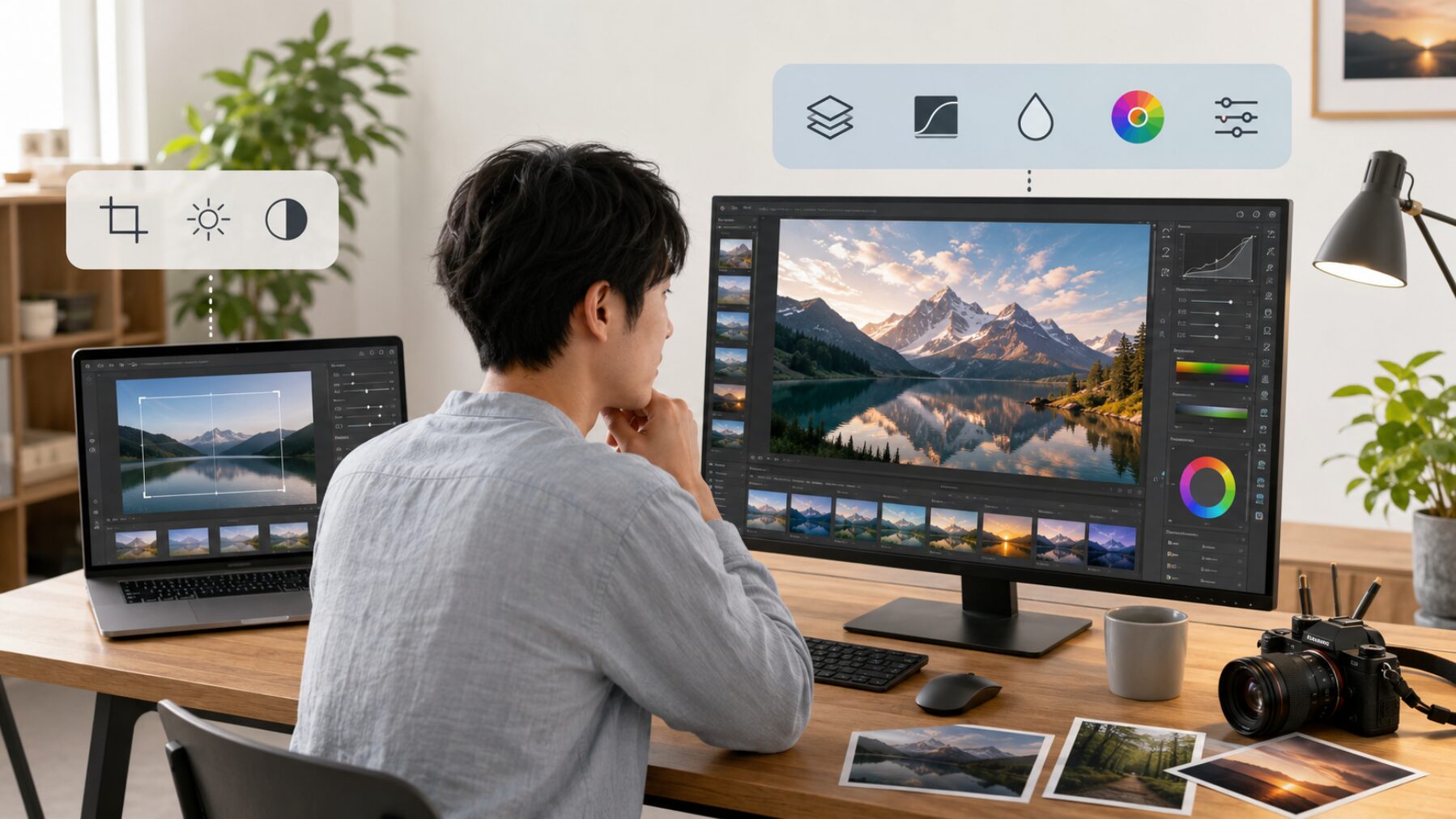 PhotoDirectorの無料版と有料版に相当する基本編集と高度な写真編集を比較する日本人男性