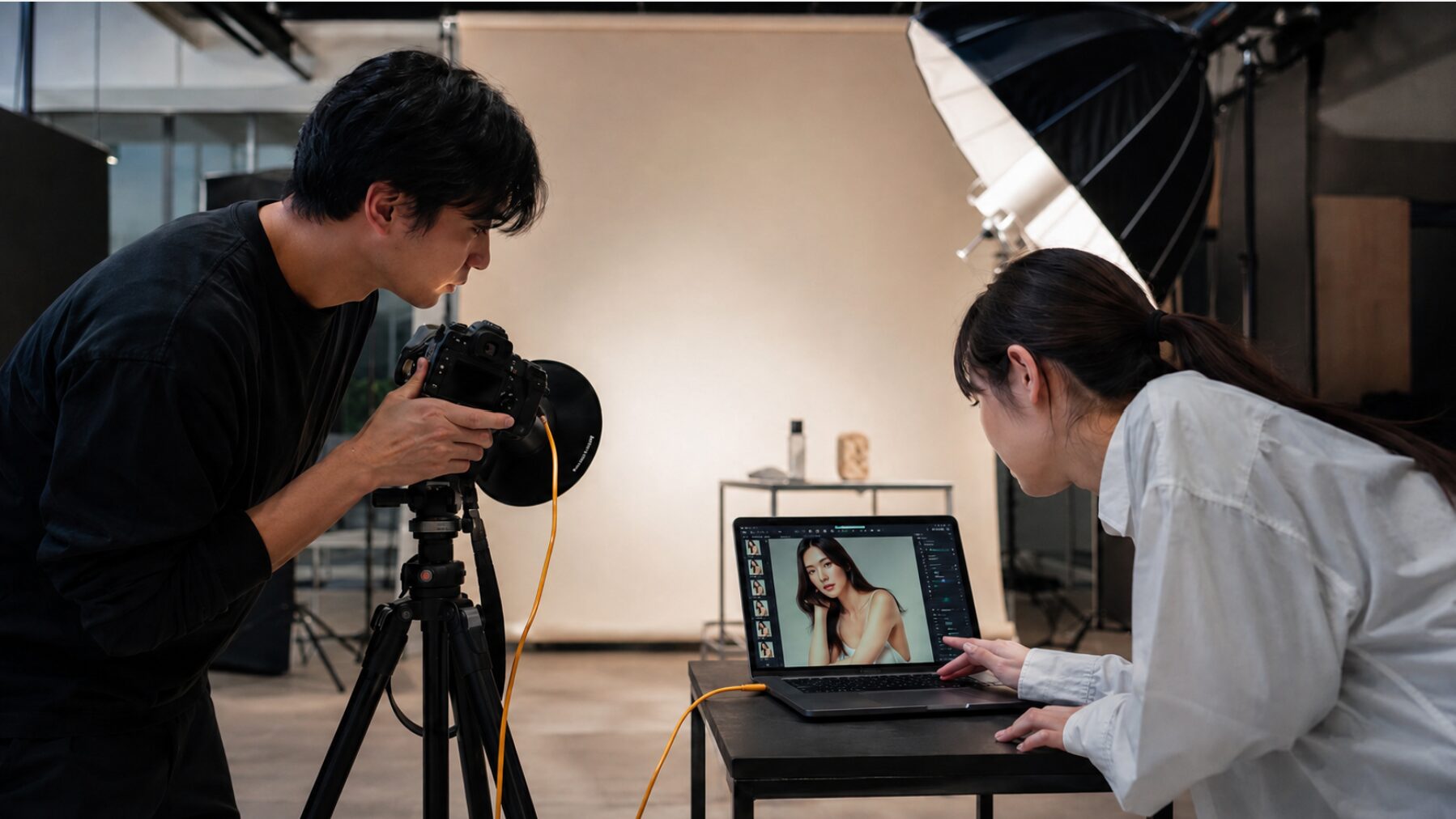 パソコン、タブレット、スマートフォンで旅行写真や家族写真を整理する日本人フォトグラファー