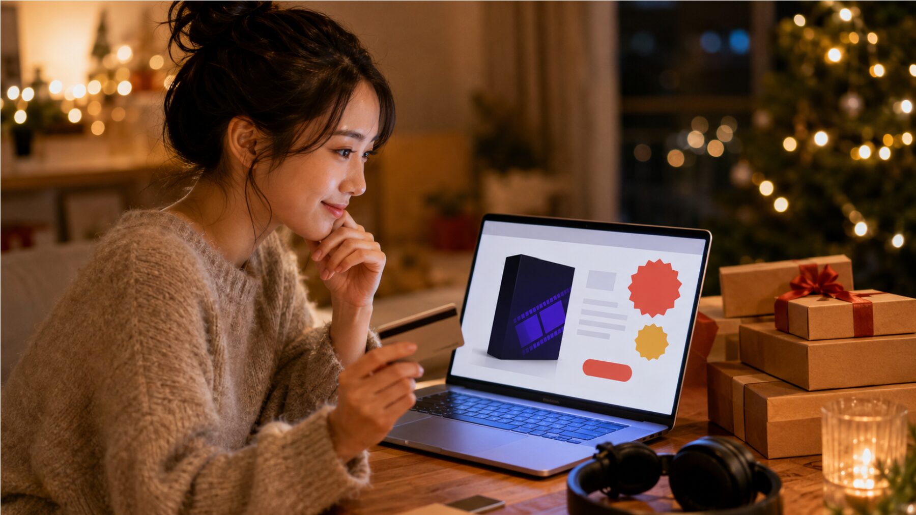 ホリデーシーズンの大型セールで動画編集ソフトの購入価格を確認する女性とノートパソコン