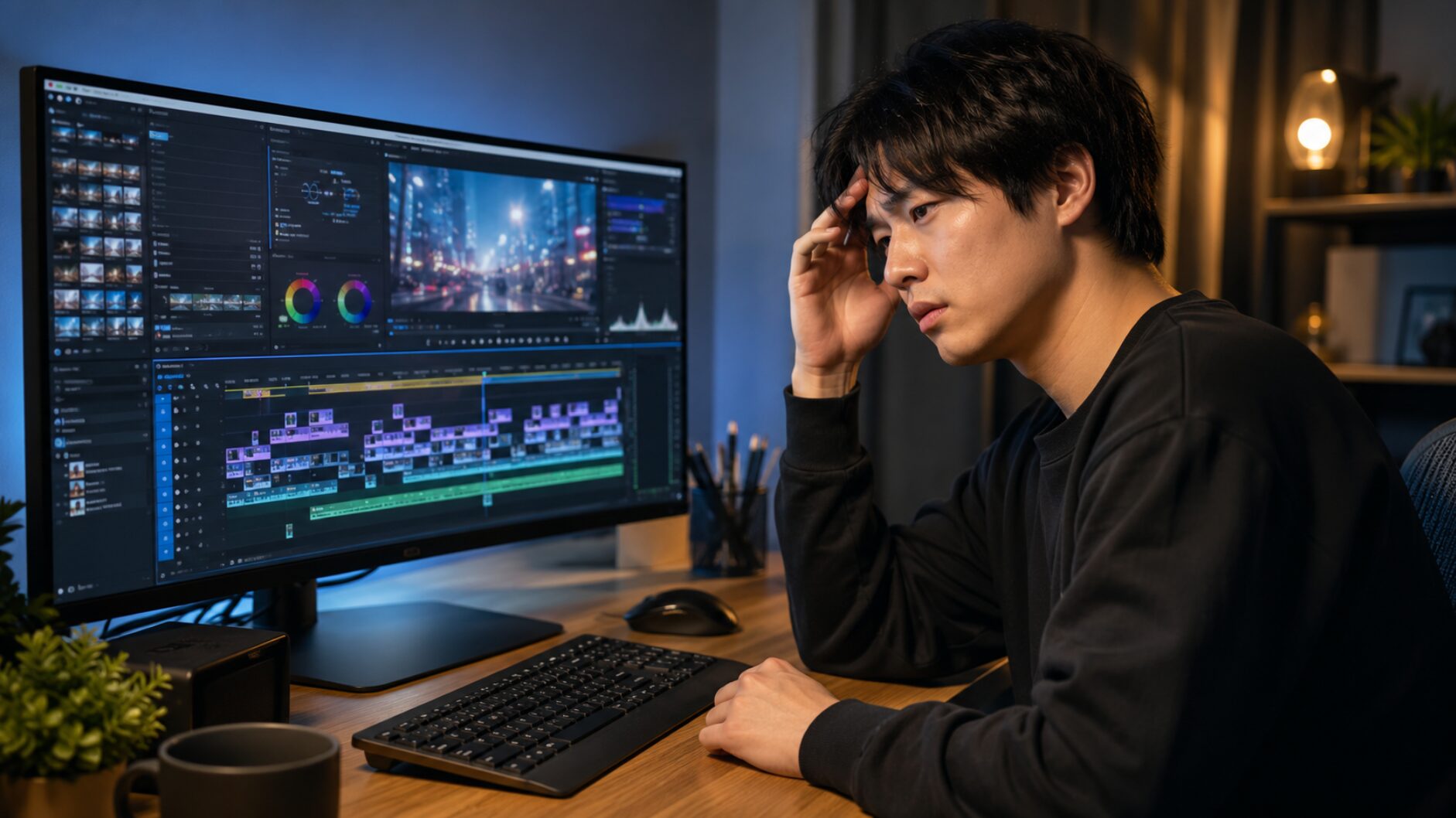 複雑なVegas Proの編集画面を前に操作の使いにくさに悩む日本人動画編集者