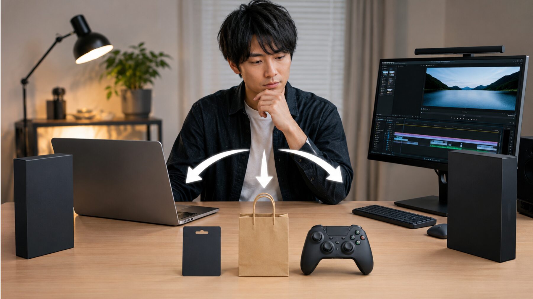 旧版と新版の動画編集ソフト環境を比較し、Vegas Proのアップグレードや購入先を検討する男性