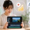 VLLOで動画を編集し、商用利用やBGM・画像・AI音声の著作権を確認する日本人女性