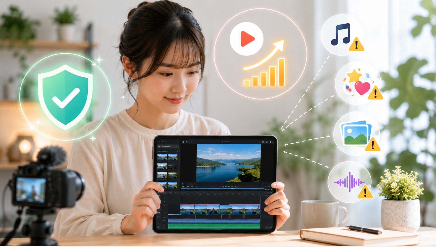VLLOで動画を編集し、商用利用やBGM・画像・AI音声の著作権を確認する日本人女性
