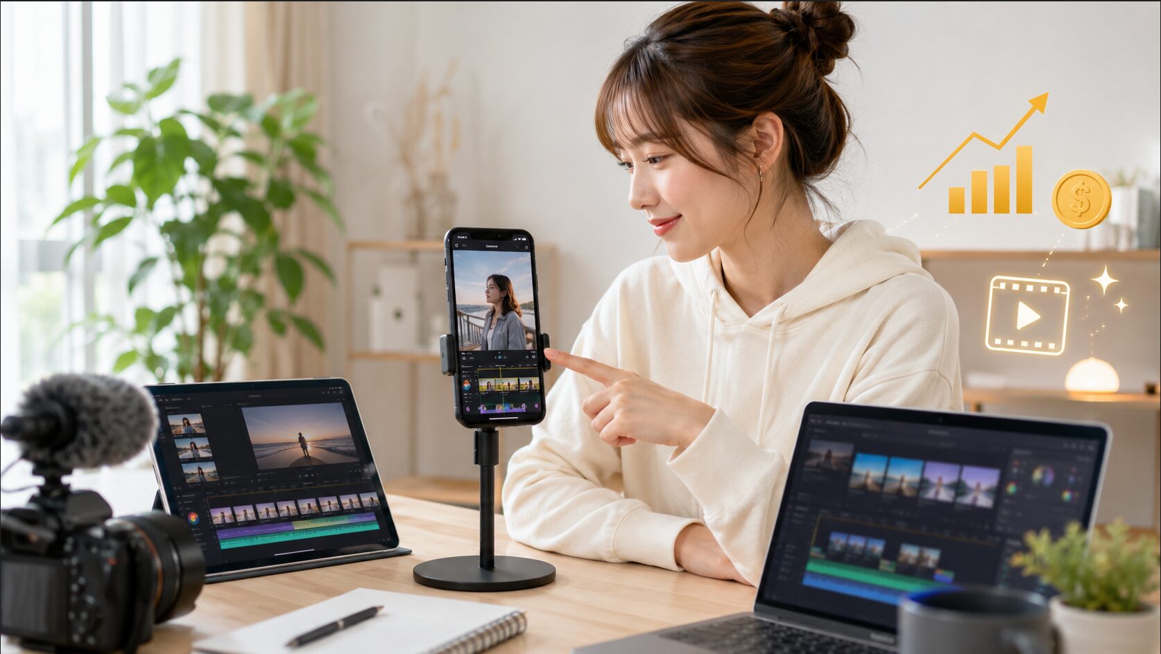 VLLOで編集した動画の公開や収益化をイメージする日本人女性クリエイター