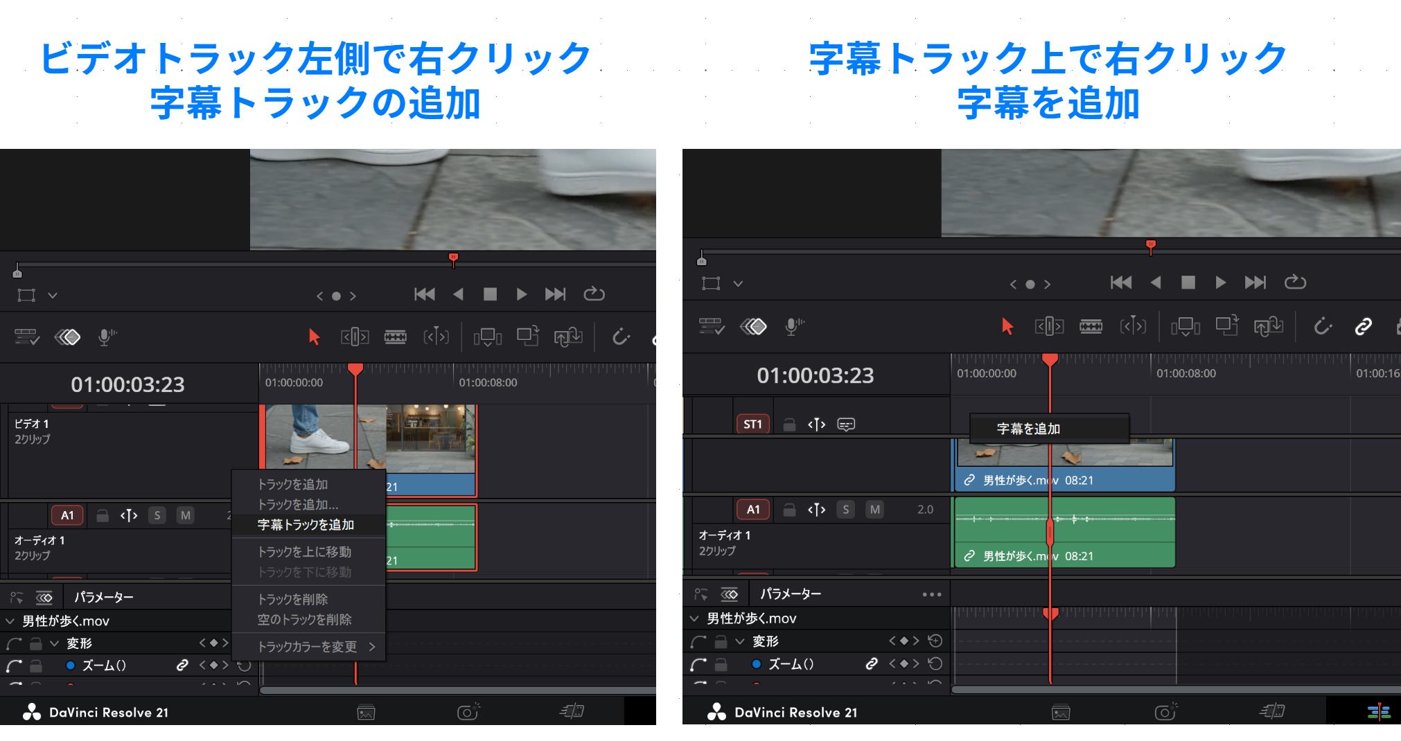 DaVinci Resolveで字幕トラックを追加し、字幕を挿入する2つの方法を示した画像