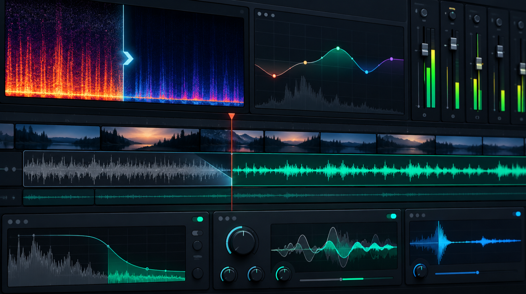 DaVinci Resolveで音声ノイズ除去やEQ調整を行う編集画面のイメージ
