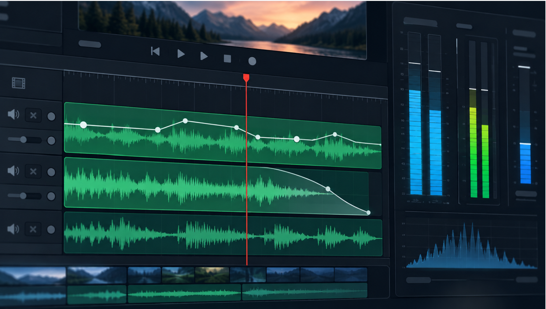 DaVinci Resolveで音量調整やノーマライズ、フェード、ラウドネス管理を行うイメージ
