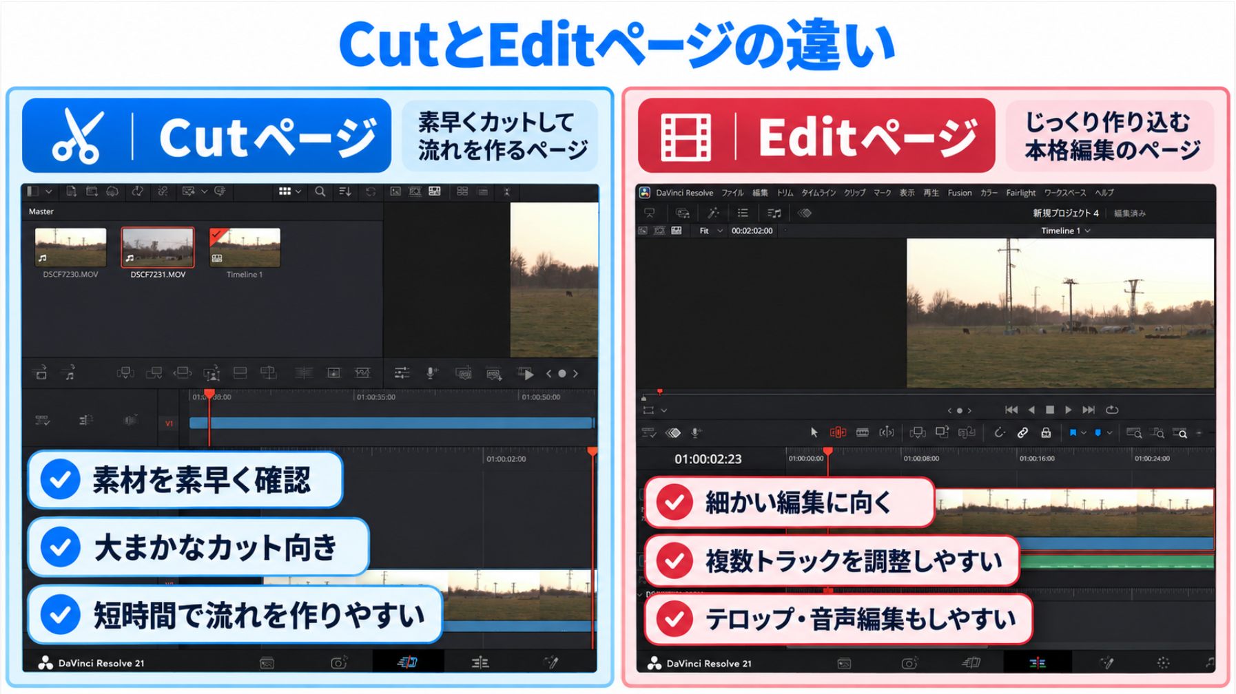 DaVinci ResolveのCutページとEditページの違いを、用途や編集の特徴ごとに比較した画像