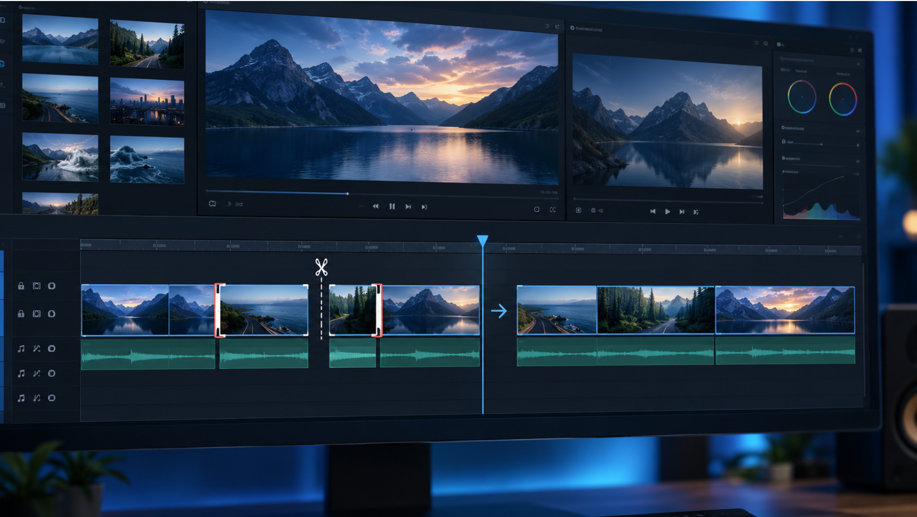 DaVinci Resolveで動画を分割・トリミング・結合しているタイムライン編集画面