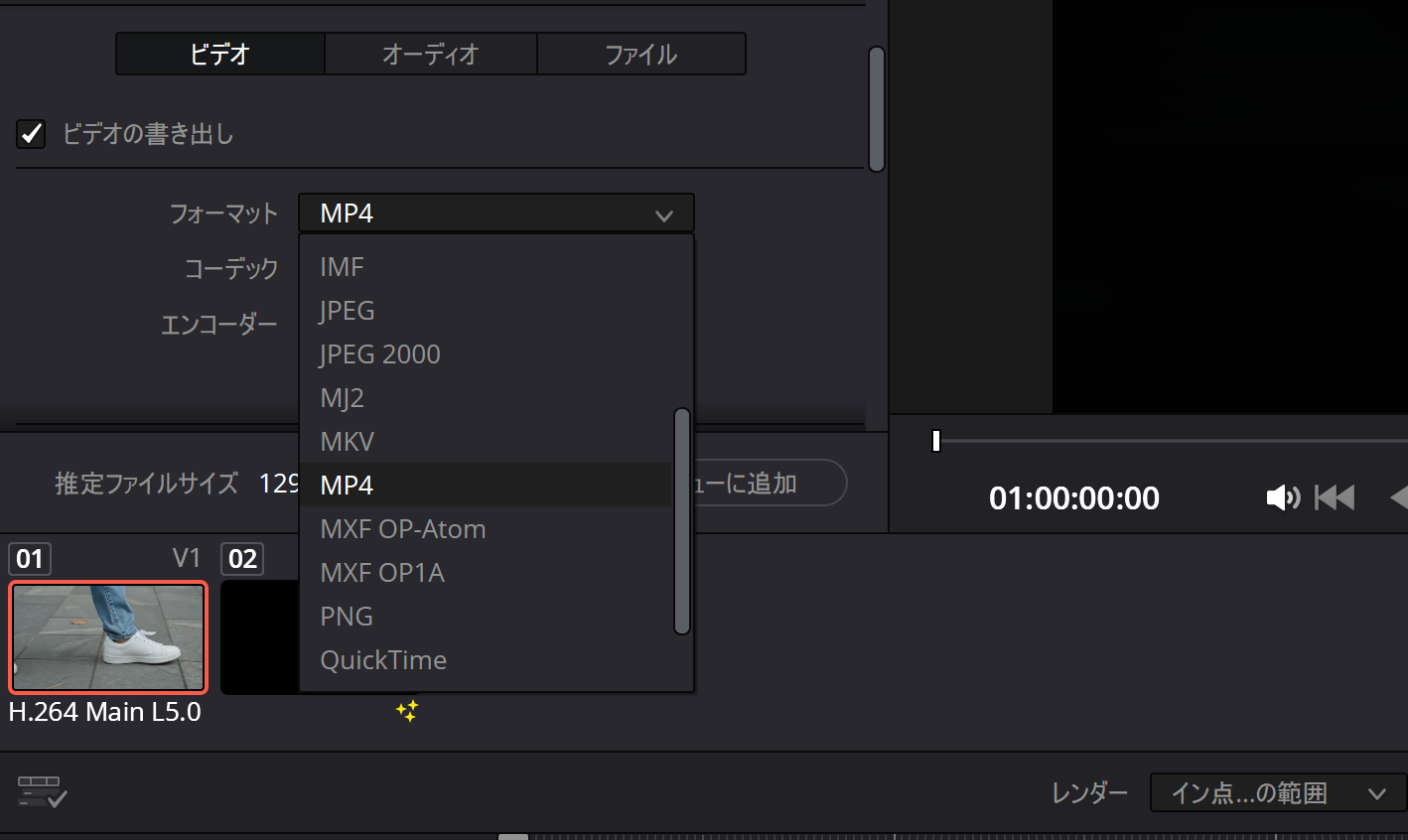 DaVinci Resolveのデリバーページで書き出しフォーマットにMP4を選択する画面